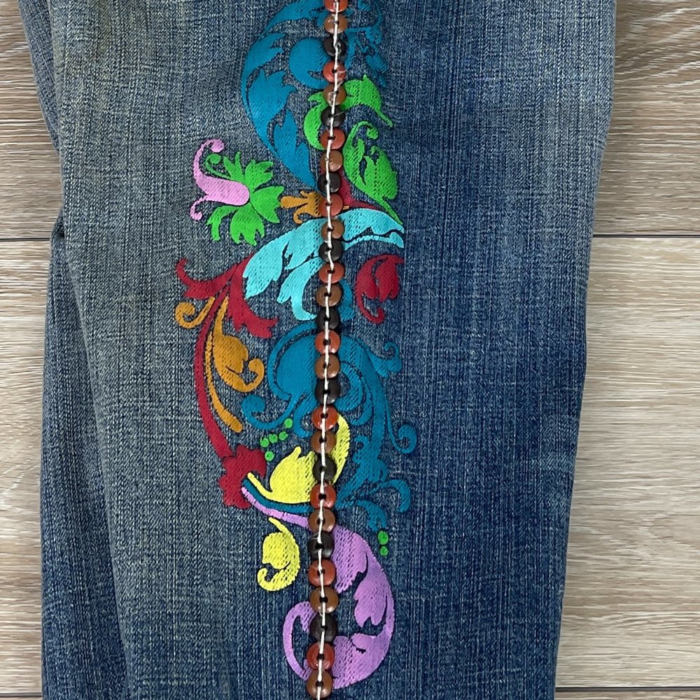 NWT AKDMKS WOMEN'S BAMBOO CAPRI BOHO HIPPIE BEADED JEANS SIZE 28 - Picture 14 of 16